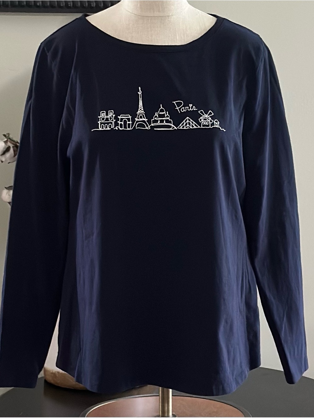 NWOT Talbots Petite Black Cotton Tee in Navy Blue with White Paris Logo -XLp